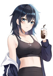  03_bara 1girls blue_eyes blush blushing_at_viewer cleavage dark_blue_hair dark_hair elbows female holding holding_drink holding_object ishimi_yokoyama jacket_open light-skinned_female light_skin looking_at_viewer medium_breasts medium_hair midriff simple_background sports_bra sportswear sweat sweatdrop white_background 