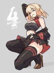  2025 alternate_costume arcueid_brunestud arm_behind_head arm_up black-framed_eyewear black_jacket black_nails blush breasts burnice_white burnice_white_(cosplay) cleavage cosplay crop_top cropped_jacket female hair_between_eyes high_heels highres jacket jonyeld long_sleeves looking_at_viewer medium_breasts navel one_eye_closed red_eyes red_hair skindentation smile solo squatting stomach thighhighs tinted_eyewear tsukihime tsukihime_(remake) twintails white_background zenless_zone_zero zettai_ryouiki 