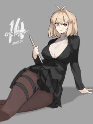  2025 absurdres antenna_hair arcueid_brunestud black_jacket black_skirt blonde_hair blue_archive breasts bright_pupils brown_pantyhose colored_skin commentary english_commentary female grey_background highres holding holster invisible_floor jacket jonyeld large_breasts on_floor pantyhose pleated_skirt red_eyes rio_(blue_archive) shadow simple_background skirt smile solo sweater tablet_pc thick_thighs thigh_holster thighs tsukihime turtleneck turtleneck_sweater white_pupils white_skin white_sweater wide_hips 
