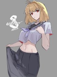  2025 absurdres alternate_costume antenna_hair arcueid_brunestud asagami_private_girls_acadamy_uniform blonde_hair breasts clothes_lift cowboy_shot crop_top crop_top_overhang female grey_background hand_up head_tilt highres jonyeld lifting_own_clothes long_skirt looking_at_viewer medium_hair midriff navel neckerchief pleated_skirt red_eyes sailor_collar school_uniform serafuku short_sleeves simple_background skirt skirt_lift solo tsukihime 