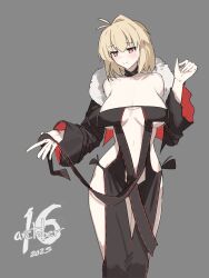  2025 :s absurdres antenna_hair arcueid_brunestud bare_shoulders black_choker black_dress blonde_hair blush breasts center_opening choker commentary cosplay dress english_commentary fate/grand_order fate_(series) female fur-trimmed_jacket fur_collar fur_trim grey_background hand_up head_tilt highres jacket jonyeld large_breasts leather leather_choker looking_down navel red_eyes red_trim revealing_clothes ribbon-trimmed_dress ribbon_trim short_hair shy side-tie_dress simple_background single_hair_intake solo strapless strapless_dress trait_connection tsukihime underboob vampire yu_mei-ren_(fate) yu_mei-ren_(fate)_(cosplay) yu_mei-ren_(third_ascension)_(fate) 