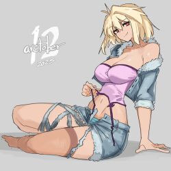  2025 absurdres arcueid_brunestud bikini bikini_bottom_only blonde_hair breasts cleavage commentary crop_top english_commentary female fur_trim grey_background head_tilt highres invisible_floor jonyeld large_breasts looking_at_viewer midriff navel off_shoulder official_alternate_costume on_floor open_clothes open_fly open_shorts pink_shirt red_eyes shadow shirt short_hair shorts simple_background single_hair_intake single_thighhigh smile solo swimsuit tan thighhighs torn_clothes tsukihime upside-down_crop_top 