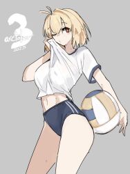  2025 antenna_hair arcueid_brunestud ball blonde_hair blue_buruma breasts buruma clothes_lift cowboy_shot female grey_background highres holding holding_ball jonyeld large_breasts midriff navel one_eye_closed red_eyes shirt shirt_lift short_hair simple_background solo sweat tears tsukihime tsukihime_(remake) volleyball_(sport) white_shirt wiping_tears 