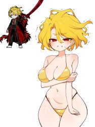  @_@ arm_across_waist arm_under_breasts bikini blonde_hair blush breasts cleavage clenched_teeth commentary_request cowboy_shot curvy don_quixote_(project_moon) embarrassed female gold_bikini hair_between_eyes half-closed_eyes highleg highleg_bikini highres large_breasts limbus_company looking_at_viewer navel otu_(o2h2_oh4) outie_navel project_moon red_eyes reference_inset short_hair simple_background solo standing sweat swimsuit teeth thighs white_background wide_hips 