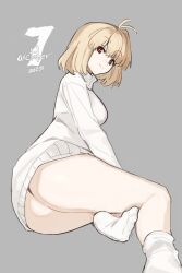  2025 absurdres antenna_hair arcueid_brunestud ass bare_legs blonde_hair breasts commentary english_commentary english_text female grey_background hair_between_eyes happy highres huge_ass jonyeld looking_at_viewer looking_back on_floor panties presenting_own_ass presenting_own_body red_eyes sideboob simple_background smile socks sweater thighs tsukihime turtleneck turtleneck_sweater underwear white_socks white_sweater 