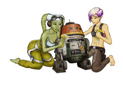  1boy 2girls alien alien_girl alien_humanoid astromech_droid barefoot belt bent_over big_breasts breasts brown_eyes chopper_(star_wars) cleavage clothed clothed_female clothing collarbone colored_hair crop_top dirt dirty disney_xd droid earmuffs eyebrows eyes eyewear feet female front_view fully_clothed goggles goggles_on_forehead green_eyes green_skin hair headgear headwear hera_syndulla holding_object holding_sponge holster human jumpsuit jumpsuit_around_waist kneeling lipstick lucasfilm male mandalorian markings medium_breasts messy multiple_girls open_eyes pants parted_lips pink_lipstick plain_background purple_hair revealing_clothes robot sabine_wren science_fiction shirt short_hair simple_background sleeveless small_breasts smile soap sp0rel0rd sponge sports_bra star_wars star_wars_rebels straight tank_top teeth tentacle tentacle_hair toes trio twi&#039;lek two_tone_hair washing wet white_background yellow_eyes 