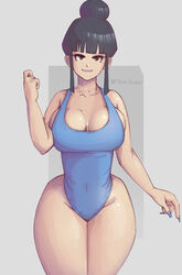  1girls bare_shoulders big_breasts black_hair breasts chichi dragon_ball dragon_ball_z eyelashes female female_focus female_only front_view hair_bun hips huge_breasts large_breasts looking_at_viewer mature_female milf nail_polish one-piece_swimsuit partially_clothed phat_smash simple_background solo solo_female solo_focus swimsuit thick thick_thighs thighs wide_hips 