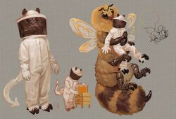  6_limbs ambiguous_gender antennae_(anatomy) anthro arthropod bee beehive beekeeper big_hat black_eyes brown_body carrying_another clothing compound_eyes crazysodomite duo fluffy fluffy_tail gloves grey_background handwear hi_res hooves hymenopteran insect_wings insects lifting_another simple_background size_difference stinger stinger_tail tail taur white_body white_clothing white_gloves white_handwear wings yellow_body 
