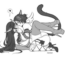  2girls animal_ears artist_name bare_shoulders blush boots cat_ears cat_girl cat_tail cowgirl_position darkra detached_sleeves elf eye_contact facial_mark fishnet_thighhighs fishnets from_side hair_ornament juliet_sleeves long_hair long_sleeves looking_at_another lulusa_(darkraart) multiple_girls night_elf_(warcraft) pointy_ears profile puffy_sleeves skindentation tail thigh_boots thighhighs warcraft whisker_markings world_of_warcraft yuri 