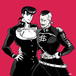  2boys arm_around_shoulder diamond_wa_kudakenai dollar_sign facial_mark gakuran higashikata_josuke jojo_no_kimyou_na_bouken kozakura_(i_s_15) male_focus multicolored_hair multiple_boys nijimura_okuyasu peace_symbol pompadour school_uniform two-tone_hair 