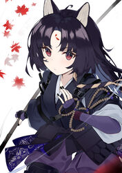  absurdres ahoge animal_ears arknights black_nails commentary dog_ears elbow_gloves facial_mark female fingerless_gloves forehead_mark gloves highres holding holding_polearm holding_weapon infection_monitor_(arknights) leaf long_hair looking_at_viewer maple_leaf naginata pants polearm purple_eyes purple_gloves purple_hair purple_pants purple_shirt saga_(arknights) shirt solo torry912 upper_body weapon white_background wristband 