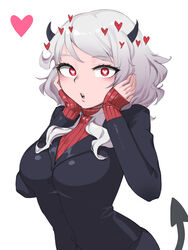  black_horns blush bright_pupils demon_horns demon_tail eyelashes female grey_hair hands_on_own_face heart heart-shaped_pupils helltaker highres horns looking_at_viewer modeus_(helltaker) open_mouth red_eyes red_sweater ribbed_sweater siguya simple_background sleeves_past_wrists solo sweater symbol-shaped_pupils tail teeth tongue turtleneck turtleneck_sweater upper_teeth_only white_background white_pupils 