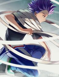  1boy arm_on_knee bad_id bad_pixiv_id bags_under_eyes black_shirt boku_no_hero_academia from_side green_footwear gym_uniform haze holding holding_weapon jumpsuit jumpsuit_around_waist looking_ahead male_focus messy_hair purple_eyes purple_hair scarf serious shadow shinsou_hitoshi shirt shoes short_hair short_sleeves sneakers solo spiked_hair squatting strap t-shirt tonbanlove twitter_username u.a._gym_uniform weapon 