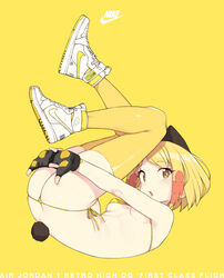  :o absurdres air_jordan ass bikini blonde_girl_(cloba) blonde_hair breasts bright_pupils cloba commentary female fingerless_gloves full_body gloves highres looking_at_viewer nike_(company) original parted_lips rabbit_tail shoes short_hair side-tie_bikini_bottom simple_background skindentation small_breasts sneakers solo string_bikini striped_bikini striped_clothes swimsuit tail thighhighs yellow_background yellow_bikini yellow_eyes yellow_theme yellow_thighhighs 