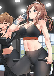  2girls alternate_costume black_pants black_sports_bra bottle breasts brown_hair exercise_bike exercising highres intrepid_(kancolle) kantai_collection large_breasts midriff multiple_girls navel osananajimi_neko pants ponytail saratoga_(kancolle) sports_bra stomach water_bottle yoga_pants 