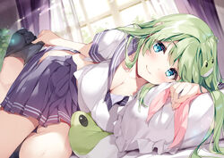  aqua_eyes bed blue_skirt breasts cleavage commentary_request female frog_hair_ornament green_hair hair_ornament indoors kochiya_sanae large_breasts long_hair looking_at_viewer lying miyase_mahiro on_bed on_side open_clothes open_skirt panties pillow pleated_skirt sailor_collar school_uniform serafuku shirt skirt smile snake_hair_ornament socks solo stuffed_animal stuffed_snake stuffed_toy thighs touhou underwear white_panties white_shirt window 