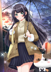  absurdres blue_hair bow coat d4dj female glasses green_eyes hairbow highres jewelry long_hair necklace nyochio_(d4dj) rain road skirt street sunset sweater togetsu_rei transparent transparent_umbrella turtleneck turtleneck_sweater umbrella yuzu_ponzu_(vgah7445) 