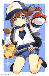  absurdres aged_down artist_name backpack bag baseball_cap black_footwear blue_bodysuit blue_eyes blush bodysuit brown_hair closed_mouth commentary_request female female_protagonist_(pokemon_go) fingernails floating_hair frown hair_between_eyes hat highres holding holding_poke_ball holding_pokemon jacket long_sleeves pikachu poke_ball poke_ball_(basic) pokemon pokemon_(creature) pokemon_go shoes watermark white_jacket zuho_(vega) 