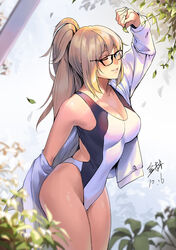  ;) absurdres arm_behind_back arm_up back_cutout bad_id bad_pixiv_id black-framed_eyewear blonde_hair blue_eyes blush breasts cleavage clothing_cutout commentary competition_swimsuit dated fate/grand_order fate_(series) female glasses highleg highleg_swimsuit highres hood hooded_jacket jacket jeanne_d&#039;arc_(fate) jeanne_d&#039;arc_(swimsuit_archer)_(fate) jeanne_d&#039;arc_(swimsuit_archer)_(second_ascension)_(fate) jinlin large_breasts leaf legs long_hair one-piece_swimsuit one_eye_closed plant ponytail signature smile solo swimsuit white_jacket white_one-piece_swimsuit 