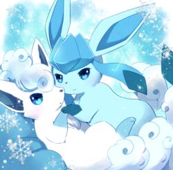  alolan_vulpix blue_eyes closed_mouth colored_eyelashes commentary_request glaceon holding_hands kemoribon looking_at_viewer no_humans pokemon pokemon_(creature) smile snowflakes sparkle white_fur 