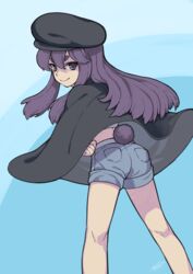  ass black_headwear blue_background blue_shorts feet_out_of_frame female from_behind kuizhi_(the_legend_of_luoxiaohei) long_sleeves looking_at_viewer luo_xiaohei_zhanji purple_hair rkp shadow shorts signature smile solo tail 