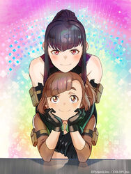  2girls alice_gear_aegis bare_shoulders black_gloves black_hair brown_eyes brown_hair commentary_request company_name gloves hands_on_own_cheeks hands_on_own_face hands_up hasami_rika head_rest hiroe_rei hug hug_from_behind kasugaoka_moe looking_at_viewer multiple_girls official_art own_hands_together ponytail pouch red_eyes smile straight-on 