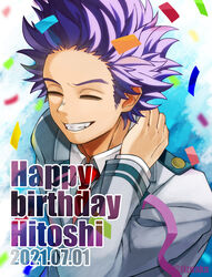  1boy bad_id bad_pixiv_id bags_under_eyes birthday boku_no_hero_academia character_name closed_eyes confetti dated english_text foreground_text forehead from_above hand_on_own_neck happy_birthday highres male_focus messy_hair purple_eyes purple_hair school_uniform shinsou_hitoshi short_hair smile solo spiked_hair teeth text_focus tonbanlove twitter_username u.a._school_uniform upper_body 