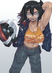  :d abs absurdres arm_behind_head belt black_hair blue_jacket blue_pants breasts brown_belt brown_eyes cleavage dark-skinned_female dark_skin earrings female gauge_(geistbox) geistbox glasses helmet highres holding holding_helmet jacket jewelry large_breasts leather leather_jacket lip_piercing long_hair looking_at_viewer midriff motorcycle_helmet multicolored_hair muscular muscular_female navel open_clothes open_jacket open_mouth orange_tank_top original pants piercing redline round_eyewear sharp_teeth simple_background slit_pupils smile solo tank_top teeth twitter_username two-tone_hair unworn_headwear unworn_helmet white_background white_hair 