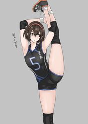  :c absurdres armpits arms_behind_head arms_up black_footwear black_shirt black_shorts bracelet breasts brown_eyes brown_hair dot_nose elbow_sleeve female fuku_(fuku12290574) grey_background hairband highres jersey jewelry knee_sleeve kneepits looking_to_the_side open_mouth original raised_eyebrows red_hairband shirt shoes short_hair short_shorts shorts simple_background sleeveless sleeveless_shirt small_breasts sneakers socks solo split sportswear standing standing_on_one_leg standing_split thick_thighs thighs volleyball_uniform white_socks 