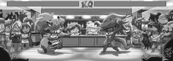  2019 absurd_res anthro canid canine chibi claws crowd dragon duo eye_patch eyewear female fighting_pose fox gameplay_mechanics greyscale group gui health_bar hi_res hud humanoid lazuli_(doggod.va) male male/female mammal monochrome mythological_creature mythological_scalie mythology pose rune_(ninstarrune) scalie shonuff tagme tail 