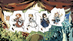  4girls american_flag_dress american_flag_legwear blonde_hair blue_bow blue_dress blush bow brown_footwear brown_hair closed_eyes clownpiece crescent_moon curtains dress drumsticks fairy fairy_wings flute frog full_body hair_ribbon hairbow hat highres holding holding_drumsticks holding_flute holding_instrument instrument jester_cap kakuzato long_hair long_sleeves luna_child moon multiple_girls music oerba_yun_fang open_mouth orange_hair playing_instrument polka_dot polka_dot_headwear purple_headwear rabbit recorder red_eyes red_ribbon red_skirt ribbon ringlets sharp_teeth shirt shoes short_hair short_sleeves skirt smile socks star_(symbol) star_sapphire sunny_milk teeth torii touhou two_side_up walking white_dress white_headwear white_legwear white_shirt wide_sleeves wings yellow_eyes 