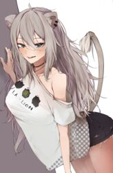  absurdres animal_ears arched_back black_choker black_shorts blush breasts choker collarbone commentary ear_piercing female frayed_clothes grey_eyes grey_hair hair_between_eyes highres hololive large_breasts leaning_forward lion_ears lion_girl lion_tail long_hair looking_at_viewer loose_clothes loose_shirt messy_hair no_bra oerba_yun_fang off_shoulder official_alternate_costume official_alternate_hair_length official_alternate_hairstyle open_mouth piercing shirt shirt_overhang shishiro_botan shishiro_botan_(casual) short_shorts short_sleeves shorts simple_background single_bare_shoulder smile solo t-shirt tail taut_clothes taut_shirt teeth very_long_hair virtual_youtuber white_background white_shirt yukirei 