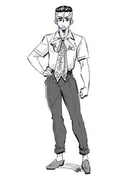  1boy alternate_costume black_hair blue_eyes bow casual full_body fungami_yuya gakuran hand_on_own_hip jojo_no_kimyou_na_bouken kozakura_(i_s_15) male_focus monochrome multicolored_hair school_uniform shirt_bow short_sleeves solo spot_color standing two-tone_hair 