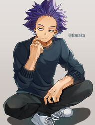  1boy arm_rest bad_id bad_pixiv_id bags_under_eyes black_pants boku_no_hero_academia drop_shadow expressionless facing_viewer hand_up highres indian_style male_focus messy_hair pants purple_eyes purple_hair scratching_cheek shinsou_hitoshi shoes short_hair simple_background sitting sleeves_pushed_up sneakers solo spiked_hair sweater tonbanlove twitter_username white_footwear 