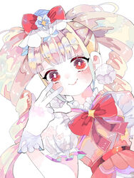  aisaki_emiru bad_id bad_pixiv_id blonde_hair blunt_bangs blush bow cure_macherie dress female gloves hanataro_(sruvhqkehy1zied) hugtto!_precure long_hair looking_at_viewer pink_dress precure puffy_short_sleeves puffy_sleeves red_bow red_eyes short_sleeves simple_background smile solo twintails upper_body w white_background white_gloves 