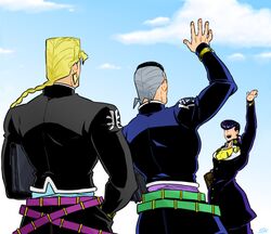  3boys belt blonde_hair braid day diamond_wa_kudakenai earrings flattop gakuran grey_hair higashikata_josuke jewelry jojo_no_kimyou_na_bouken kozakura_(i_s_15) male_focus multicolored_hair multiple_belts multiple_boys nijimura_keicho nijimura_okuyasu pompadour school_uniform single_braid sky two-tone_hair waving 