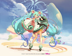  absurdly_long_hair aqua_flower aqua_hair black_sleeves blue_flower blue_hair braid cable cloud colorful commentary crypton_future_media detached_sleeves dress dress_flower female flower flower-trimmed_dress flower-trimmed_sleeves flower_underskirt footwear_flower frilled_dress frilled_sleeves frills full_body gradient_hair green_flower hair_flower hair_ornament hatsune_miku hatsune_tenchikaibyaku_shinwa_(vocaloid) hidari_(left_side) high_heels layered_sleeves long_hair looking_at_viewer magical_mirai_(vocaloid) magical_mirai_miku magical_mirai_miku_(2021) microphone multicolored_hair official_art open_mouth outdoors outstretched_arm piapro pink_flower purple_flower rainbow_order red_flower shadow smile solo tiptoes twin_braids twintails very_long_hair vocaloid white_flower white_sleeves yellow_flower 