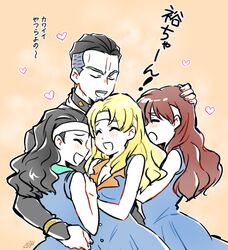  1boy 3girls akemi_(jojo) black_hair blonde_hair blush brown_hair diamond_wa_kudakenai fungami_yuya gakuran grey_hair harem headband heart jojo_no_kimyou_na_bouken kozakura_(i_s_15) multicolored_hair multiple_girls reiko_(jojo) school_uniform straight two-tone_hair undercut wavy_hair yoshie_(jojo) 