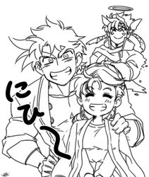  2boys ^_^ angel battle_tendency caesar_anthonio_zeppeli closed_eyes couple facial_mark feather_hair_ornament feathers female gloves greyscale grin hair_ornament halo hand_on_another&#039;s_shoulder hand_on_own_hip headband husband_and_wife jacket jacket_on_shoulders jojo_no_kimyou_na_bouken joseph_joestar joseph_joestar_(young) kozakura_(i_s_15) line_art monochrome multiple_boys smile straight suzi_q 