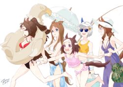  5girls ^_^ absurdres alternate_costume animal_ears artist_name bandeau barefoot bikini blue_eyes blush braid braided_ponytail breasts brown_hair cleavage closed_eyes commentary crop_top domino_mask dragging dress ears_through_headwear el_condor_pasa_(umamusume) fishing_rod food frilled_bikini frills fruit golden_generation_(umamusume) grass_wonder_(umamusume) grey_hair hair_ornament hairclip hat high_ponytail highres holding holding_another&#039;s_wrist holding_fishing_rod holding_swim_ring holding_umbrella horse_ears horse_girl horse_tail innertube jacket jewelry king_halo_(umamusume) long_hair low_ponytail mask medium_breasts mismatched_bikini multicolored_hair multiple_girls navel necklace off_shoulder open_mouth parasol pink_bikini ponytail purple_dress purple_eyes red_eyes running sarong seiun_sky_(umamusume) shaded_face short_sleeves shorts side-tie_bikini_bottom simple_background sleeveless sleeveless_dress small_breasts smile special_week_(umamusume) standing sun_hat sunglasses sweat swim_ring swimsuit tackle_box tail tank_top two-tone_hair umamusume umbrella visor_cap watermelon white_background white_hair white_headwear white_jacket zetsuyo_chimayo 