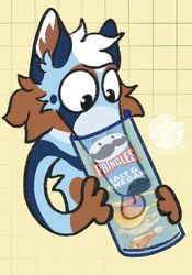  anthro blue_body blue_fur brown_body brown_fur canid canine canis cheek_tuft domestic_dog facial_tuft fur hair herding_dog hi_res humor let_me_do_it_for_you luckfoxo33 male mammal meme pastoral_dog pattern_background pringles simple_background solo tongue tongue_out tuft white_hair wide_eyed yellow_background 