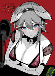  alternate_costume alto_seneka arm_strap arm_under_breasts bikini black_hairband blue_eyes blush breasts cleavage closed_mouth commentary computer_mouse dated detached_collar eyelashes female greyscale_with_colored_background hair_between_eyes hairband head_wings highres hololive large_breasts light_smile lips looking_at_viewer medium_hair microphone partially_colored pop_filter purple_bikini red_background signature simple_background smile solo string_bikini swimsuit takane_lui upper_body virtual_youtuber wings 