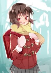  :d adjusting_strap aqua_background backpack bad_id bad_pixiv_id bag blush boku_dake_ga_inai_machi brown_hair coat commentary cowboy_shot duffel_coat female grey_skirt hair_between_eyes hamazi_aki highres hinazuki_kayo holding_strap looking_at_viewer loose_hair_strand messy_hair mittens open_mouth pink_mittens pleated_skirt randoseru red_bag red_coat red_eyes scarf school_uniform short_hair skirt smile solo toggles yellow_scarf 