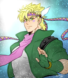  1boy battle_tendency blonde_hair caesar_anthonio_zeppeli facial_mark feather_hair_ornament feathers fingerless_gloves gloves green_eyes hair_ornament headband jojo_no_kimyou_na_bouken kozakura_(i_s_15) male_focus pink_scarf scarf solo triangle_print 