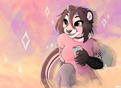  5_fingers anthro breasts brown_hair clothed clothing digital_media_(artwork) felid female fingers hair hi_res holding_object horn kris_(excitedcargoyle) lion mammal pantherine shaded smile smileeeeeee solo 