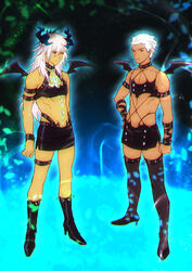  2boys archer_(fate) bad_id bad_pixiv_id boots changye cosplay crossdressing dark-skinned_male dark_skin demon_wings fastener fate/apocrypha fate/grand_order fate/stay_night fate_(series) high_heels knee_boots kneesocks_(psg) kneesocks_(psg)_(cosplay) leather long_hair male_focus midriff miniskirt multiple_boys panty_&amp;_stocking_with_garterbelt revealing_clothes scanty_(psg) scanty_(psg)_(cosplay) siegfried_(fate) skirt suwabe_jun&#039;ichi voice_actor_connection white_hair wings 