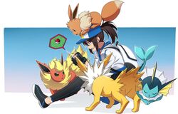  backpack bag baseball_cap black_footwear blue_headwear brown_hair commentary eevee female female_protagonist_(pokemon_go) flareon hat highres holding jolteon kurohane long_hair looking_at_object open_mouth poke_ball poke_ball_(basic) pokemon pokemon_(creature) pokemon_go ponytail shoes sitting spoken_object teeth tongue vaporeon white_bag 