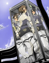  4girls against_glass ashigara_(kancolle) ass black_hair breasts brown_eyes brown_hair cloud commentary_request gloves haguro_(kancolle) hair_ornament hairband kantai_collection large_breasts lens_flare long_hair multiple_girls myoukou_(kancolle) nachi_(kancolle) name_john open_mouth outdoors pantyhose phone_booth revision short_hair sky standing white_gloves white_legwear 