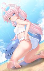  absurdres adjusting_clothes adjusting_swimsuit ahoge ass bare_shoulders barefoot beach bikini bikini_pull bikini_tug blue-tinted_eyewear blue_archive blue_eyes blue_sky blush clothes_pull cloud cloudy_sky crotch_seam day dutch_angle embarrassed eyewear_on_head female foot_out_of_frame frilled_bikini frills from_behind full-face_blush hair_bobbles hair_ornament halo hand_on_own_ass heterochromia highres hoshino_(blue_archive) hoshino_(swimsuit)_(blue_archive) inflatable_toy inflatable_whale kneeling light_rays long_hair looking_back low_twintails ocean outdoors p_ion pink_hair pulling_own_clothes raised_eyebrows sand sky solo sunbeam sunglasses sunlight swimsuit swimsuit_tug tinted_eyewear twintails wedgie wet wet_clothes white-framed_eyewear white_bikini yellow_eyes 