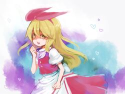  apron back_bow blonde_hair bow breasts buttons commentary_request ellen_(touhou) female hairband hairbow hko long_hair open_mouth puffy_short_sleeves puffy_sleeves red_bow red_hairband red_skirt red_vest shirt short_sleeves skirt small_breasts solo touhou touhou_(pc-98) turtleneck vest waist_apron white_apron white_bow white_shirt yellow_eyes 